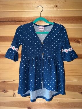 Little Lass Navy Polka Dot Peplum Top with Floral Trim